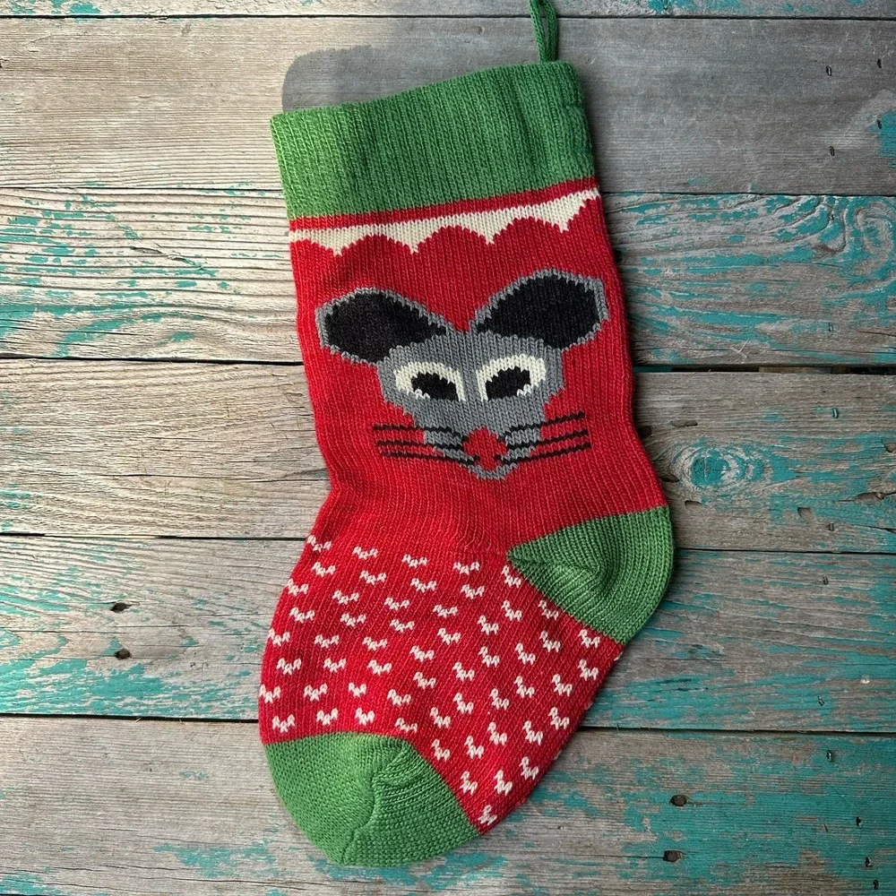Vintage Knitted Mouse Christmas Stocking 17x6.8 Inch Red Green Gray Cute Humor